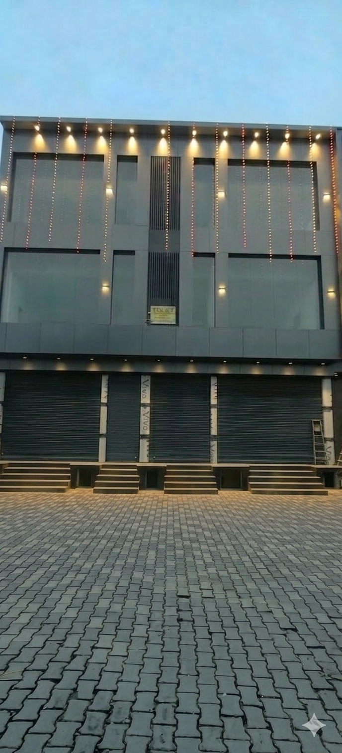 Premium commercial showroom building in Panipat with modern facade and lighting
